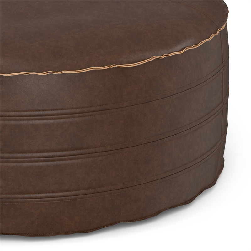 Brody Boho Round Pouf in Distressed Dark Brown Vegan Faux Leather