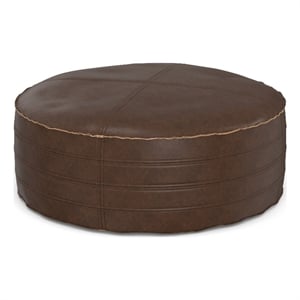 Brody Boho Round Pouf in Distressed Dark Brown Vegan Faux Leather