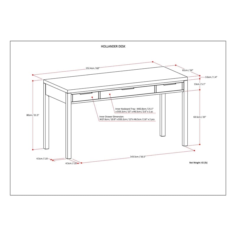 Hollander SOLID WOOD Contemporary 60 inch Wide Desk in White