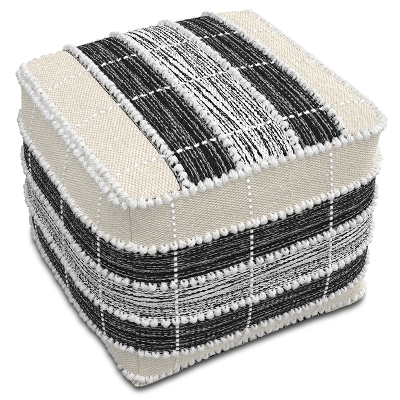 Barley Boho Square Pouf in White and Black Polystyrene Filling