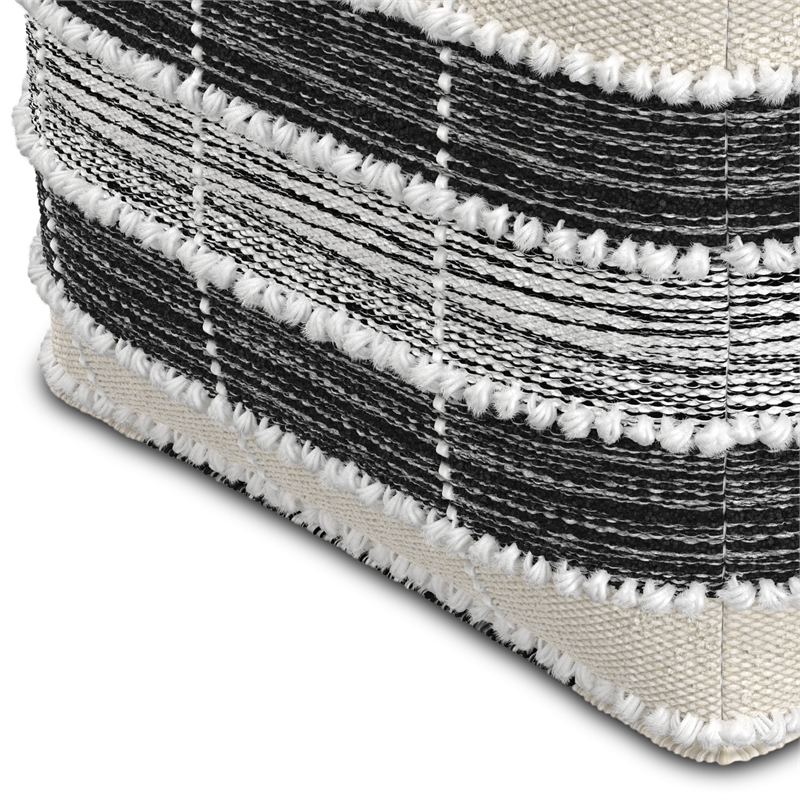 Barley Boho Square Pouf in White and Black Polystyrene Filling