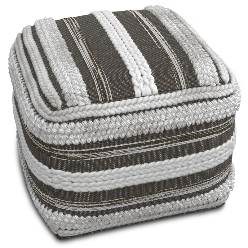 Sommer Boho Square Pouf in Natural and Taupe Gray Handloom Woven Pattern