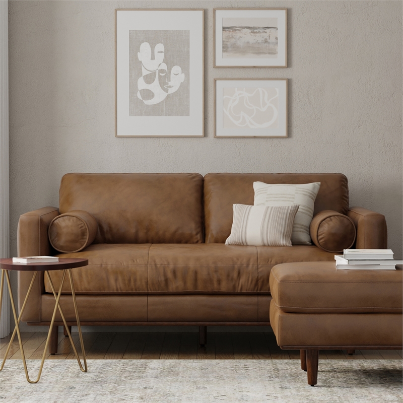 Morrison 72 inch Wide Modern Sofa in Caramel Brown Top Grain Genuine Leather