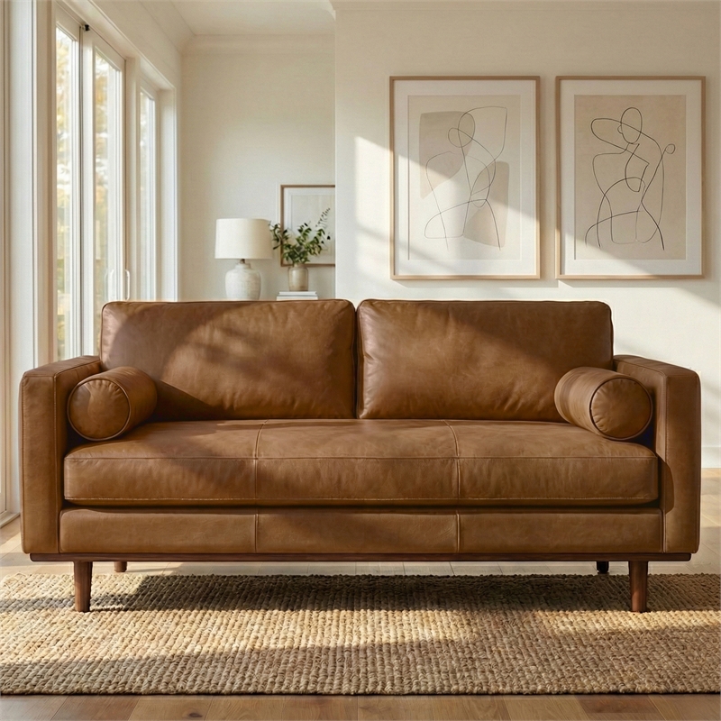 Morrison 72 inch Wide Modern Sofa in Caramel Brown Top Grain Genuine Leather