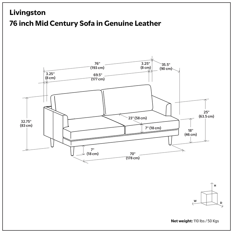 Livingston Mid-Century Modern 76inch Wide Sofa in Caramel Brown Genuine Leather