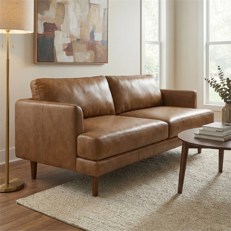 Livingston Mid-Century Modern 76inch Wide Sofa in Caramel Brown Genuine Leather