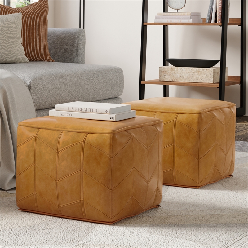 Morden Contemporary Square Pouf in Brown Genuine Leather