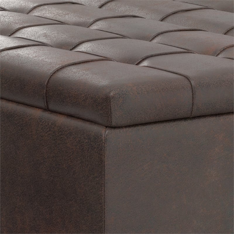 Simpli Home Harrison Square Transitional Faux Leather Storage Ottoman in Brown