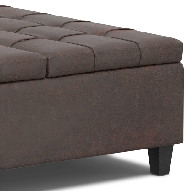 Simpli Home Harrison Square Transitional Faux Leather Storage Ottoman in Brown