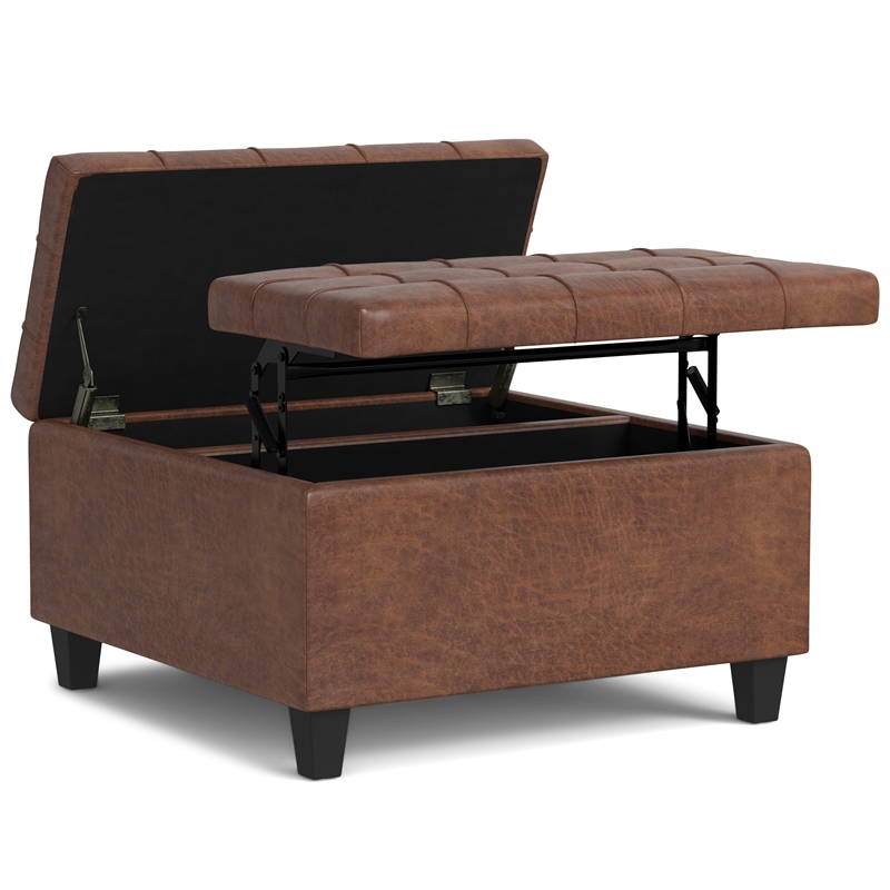 Simpli Home Harrison Vegan Faux Leather Storage Ottoman in Saddle Brown