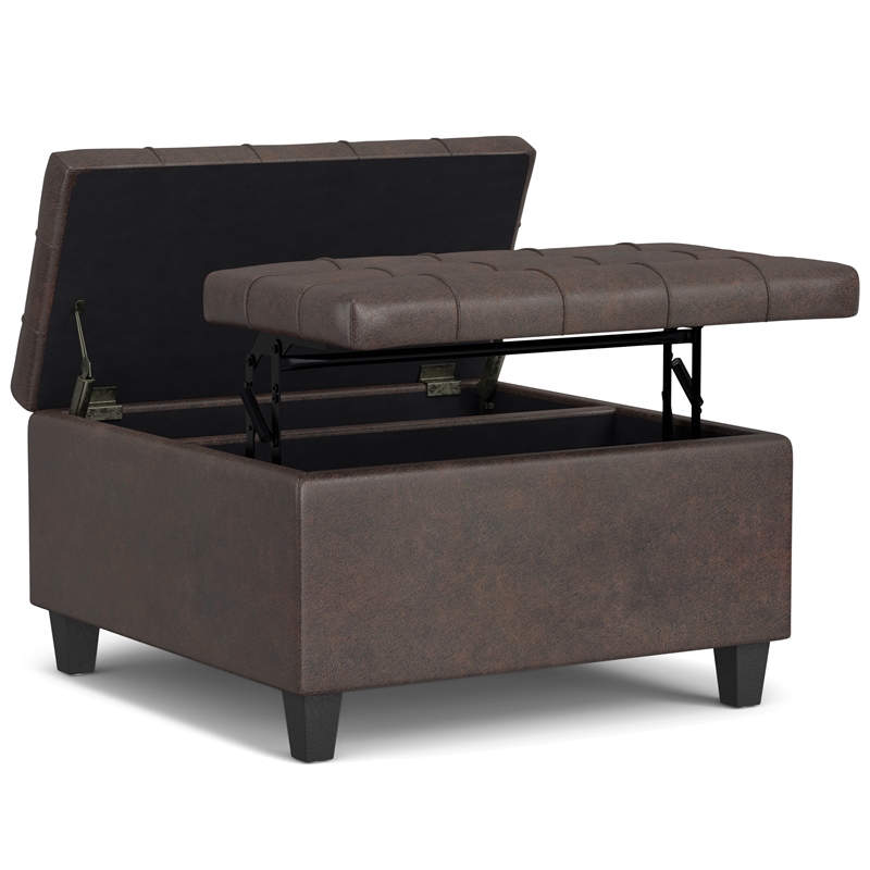 Simpli Home Harrison Square Vegan Faux Leather Storage Ottoman in Brown