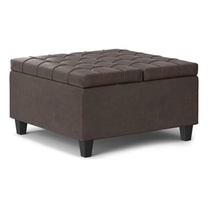 Simpli Home Harrison Square Vegan Faux Leather Storage Ottoman in Brown