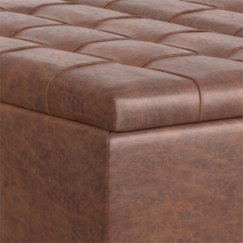 Simpli Home Harrison Transitional Faux Leather Storage Ottoman in Saddle Brown