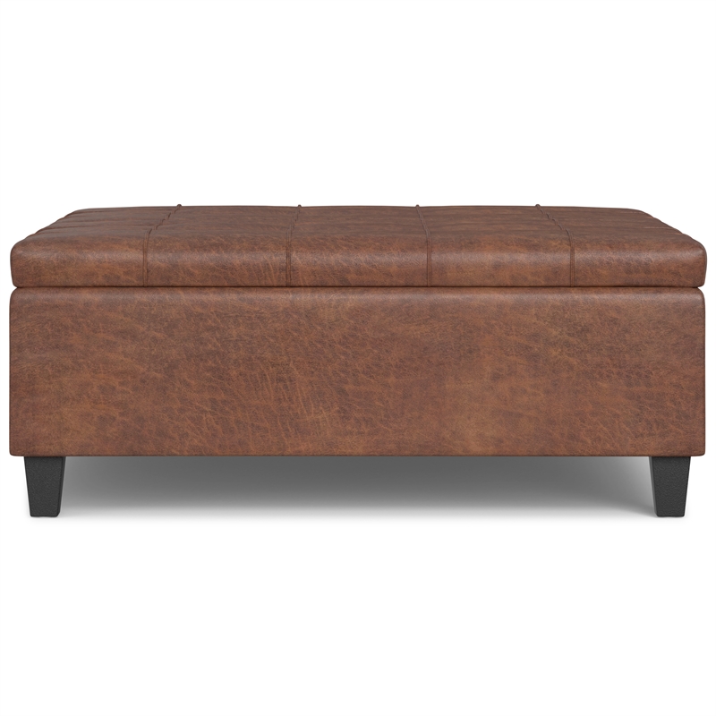 Simpli Home Harrison Transitional Faux Leather Storage Ottoman in Saddle Brown