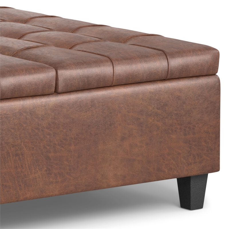 Simpli Home Harrison Transitional Faux Leather Storage Ottoman in Saddle Brown