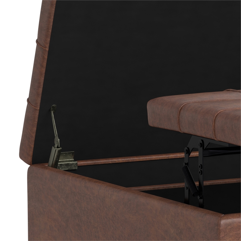 Simpli Home Harrison Transitional Faux Leather Storage Ottoman in Saddle Brown