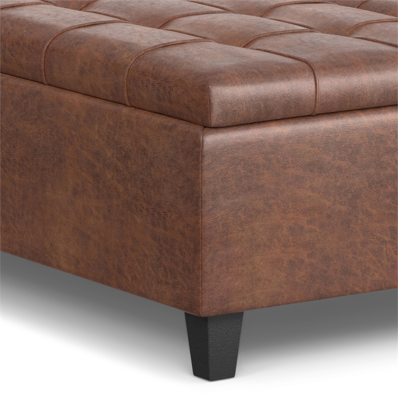 Simpli Home Harrison Transitional Faux Leather Storage Ottoman in Saddle Brown