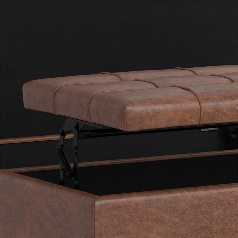 Simpli Home Harrison Transitional Faux Leather Storage Ottoman in Saddle Brown