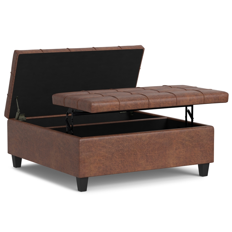 Simpli Home Harrison Transitional Faux Leather Storage Ottoman in Saddle Brown