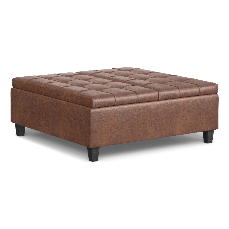 Simpli Home Harrison Transitional Faux Leather Storage Ottoman in Saddle Brown