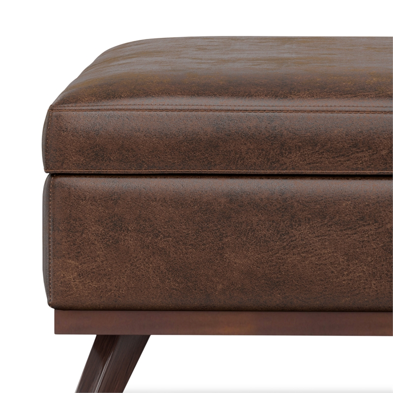 Simpli Home Owen Square Vegan Faux Leather Storage Ottoman in Brown