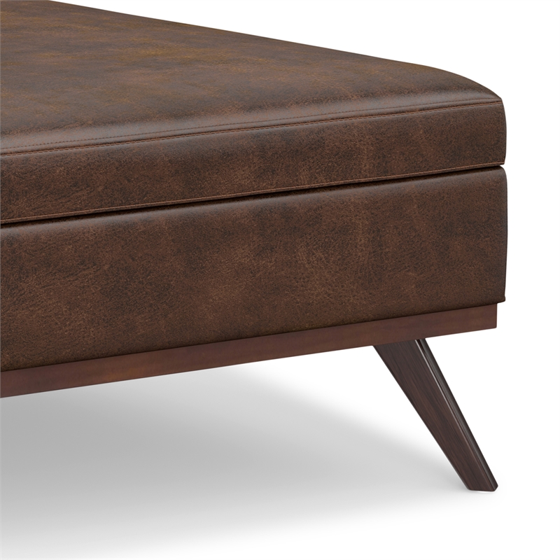 Simpli Home Owen Square Vegan Faux Leather Storage Ottoman in Brown