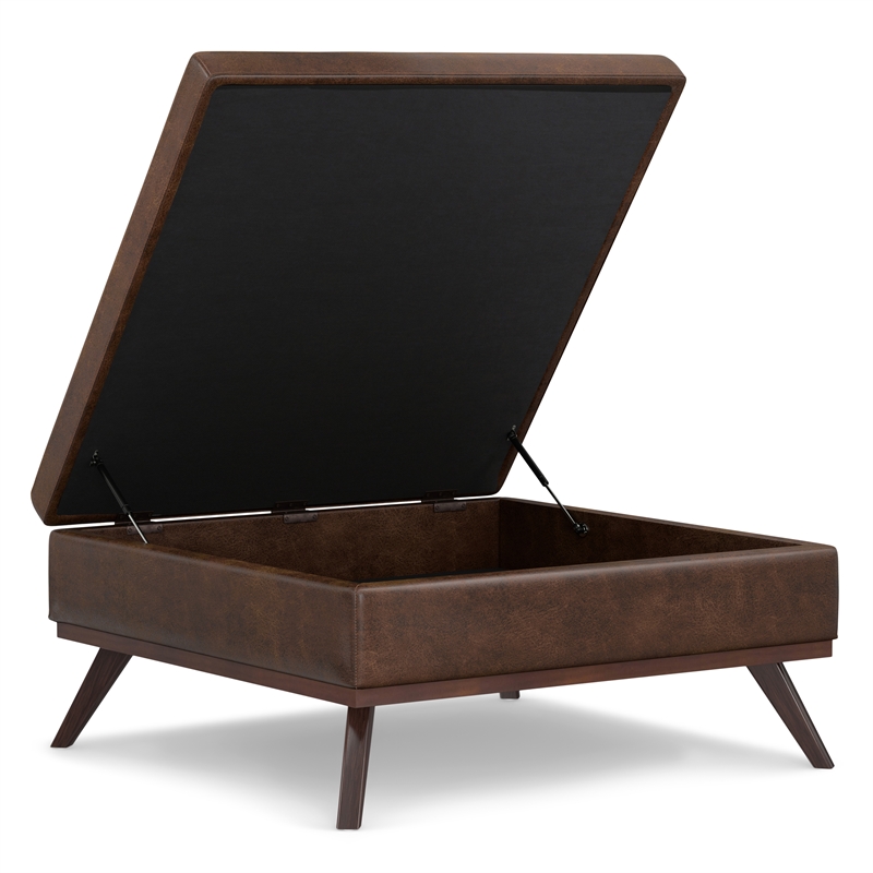 Simpli Home Owen Square Vegan Faux Leather Storage Ottoman in Brown