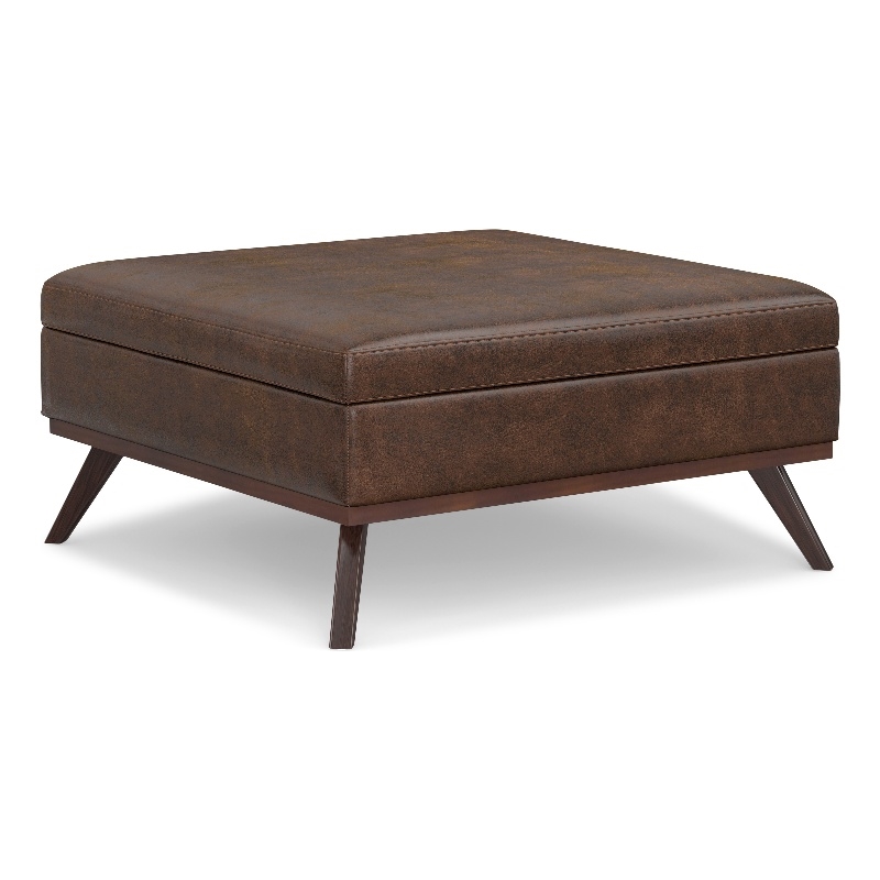 Simpli Home Owen Square Vegan Faux Leather Storage Ottoman in Brown