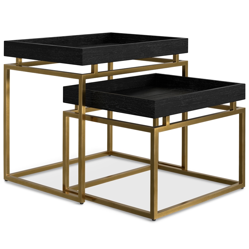 Simpli Home Macy 2-Piece Solid Wood & Metal Nesting Table in Black/Gold