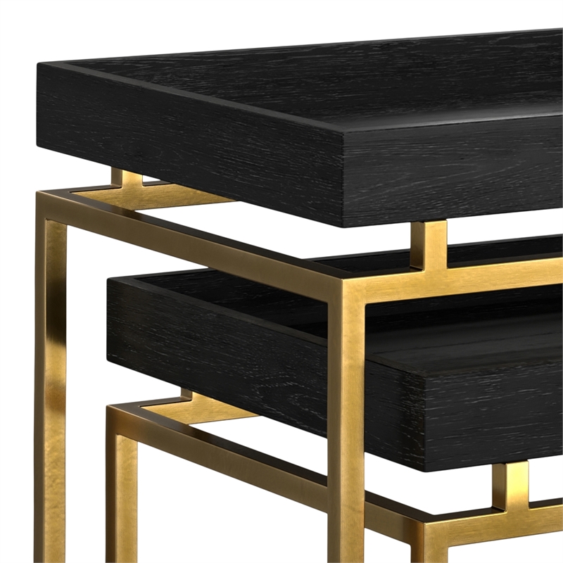 Simpli Home Macy 2-Piece Solid Wood & Metal Nesting Table in Black/Gold