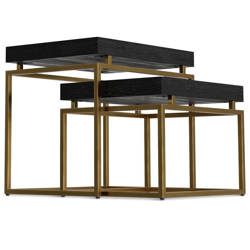 Simpli Home Macy 2-Piece Solid Wood & Metal Nesting Table in Black/Gold