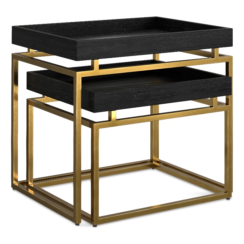 Simpli Home Macy 2-Piece Solid Wood & Metal Nesting Table in Black/Gold