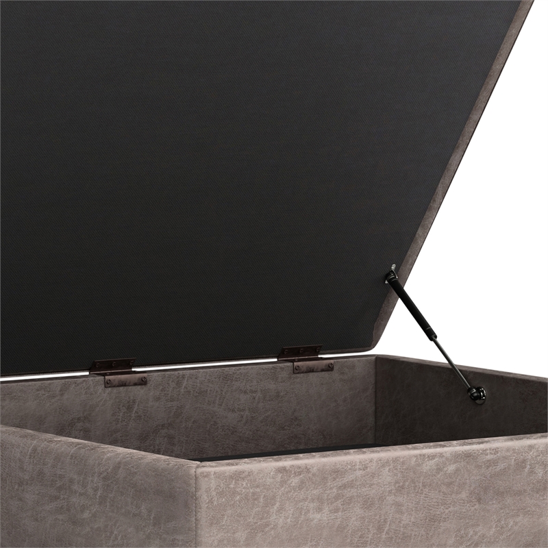 Simpli Home Owen Vegan Faux Leather Storage Ottoman in Distressed Gray