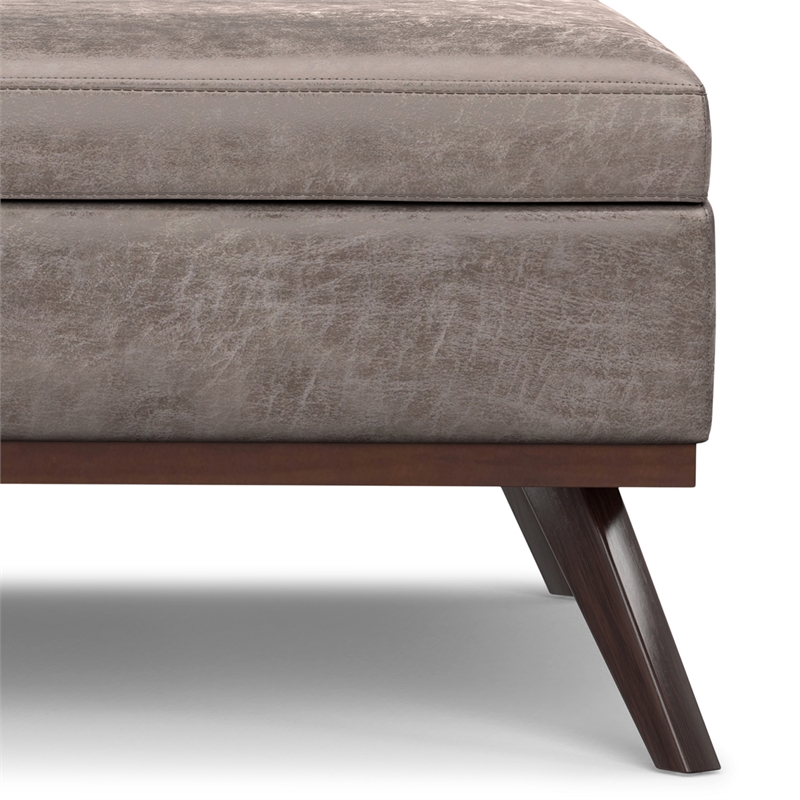 Simpli Home Owen Vegan Faux Leather Storage Ottoman in Distressed Gray