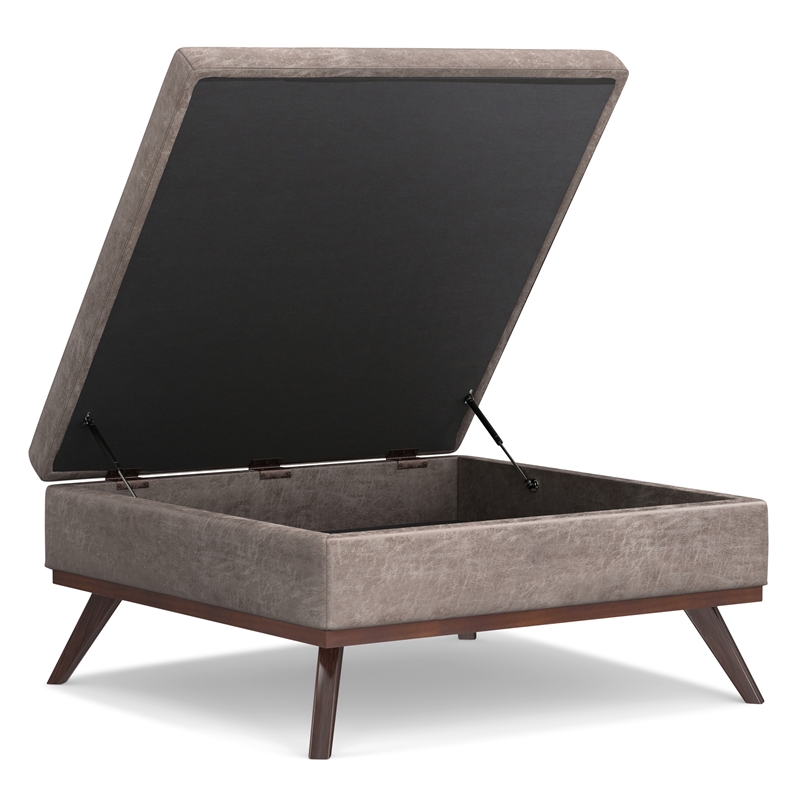 Simpli Home Owen Vegan Faux Leather Storage Ottoman in Distressed Gray