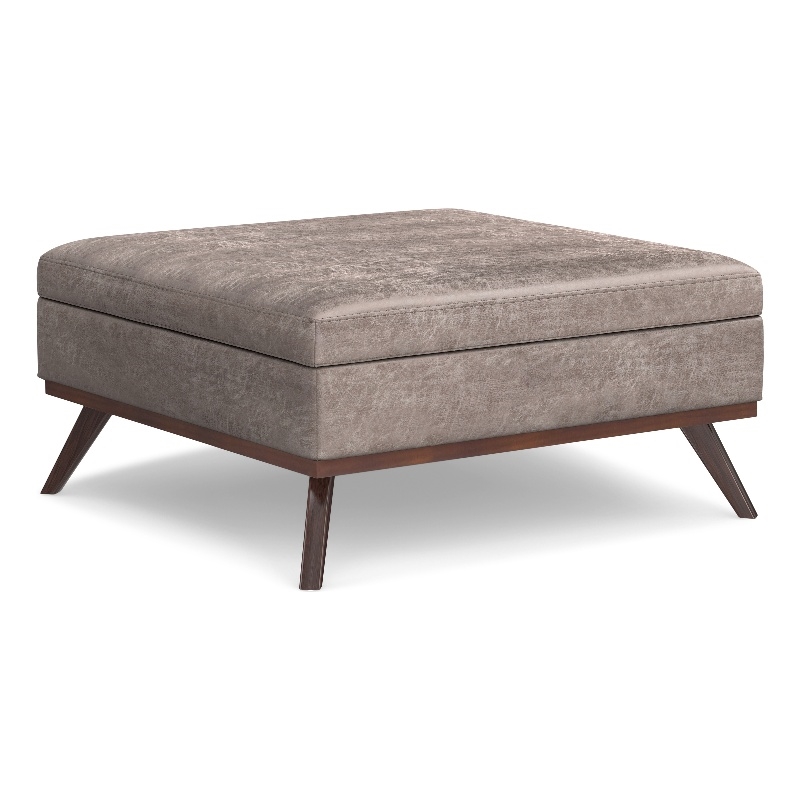 Simpli Home Owen Vegan Faux Leather Storage Ottoman in Distressed Gray