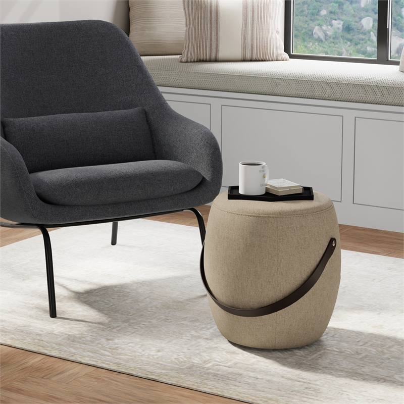 Ramsay 16 inch Wide Contemporary Irregular Footstool in Taupe Linen Look Fabric