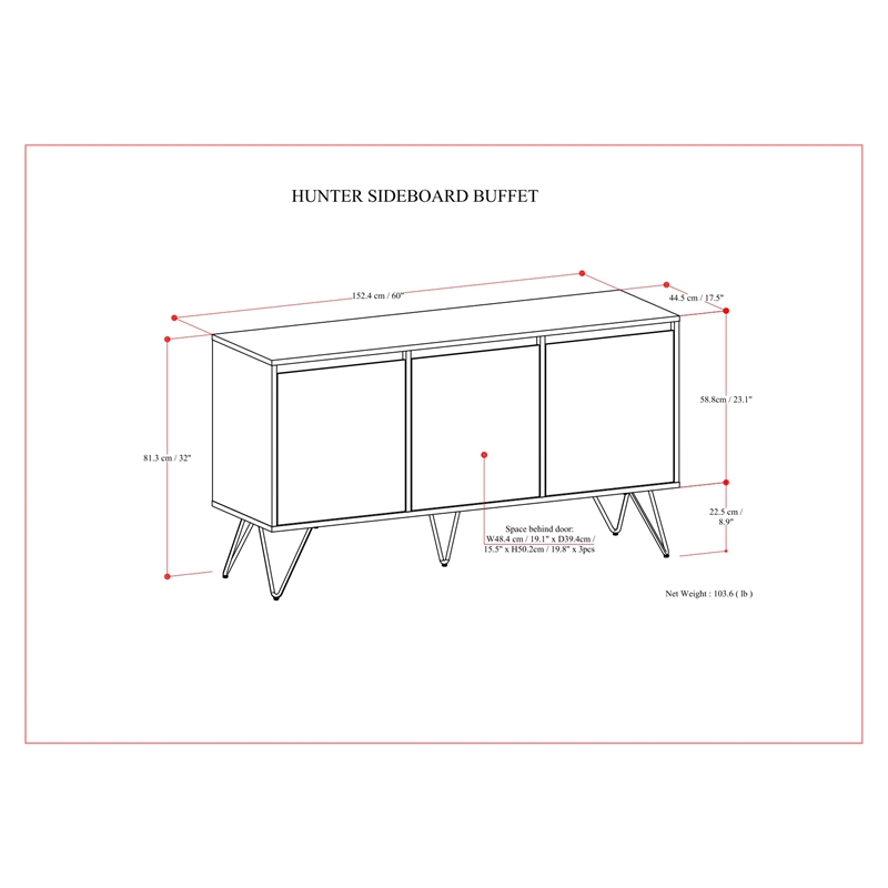Hunter 60 inch x 18 inch Rectangle Industrial Sideboard Buffet in Oak Veneer