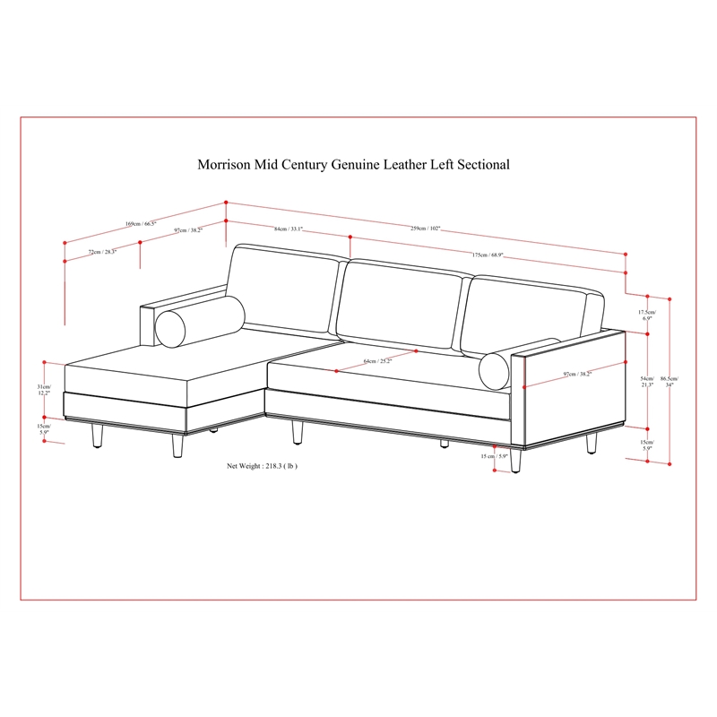 Morrison Left Sectional 102 inch Wide Sofa Sectional in Sienna Genuine Leather
