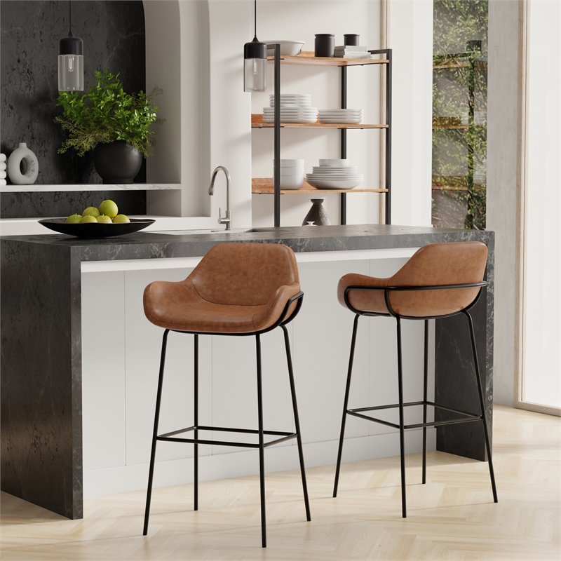 Mira Contemporary Modern Bar Stool in Distressed Tan  Vegan Faux Leather