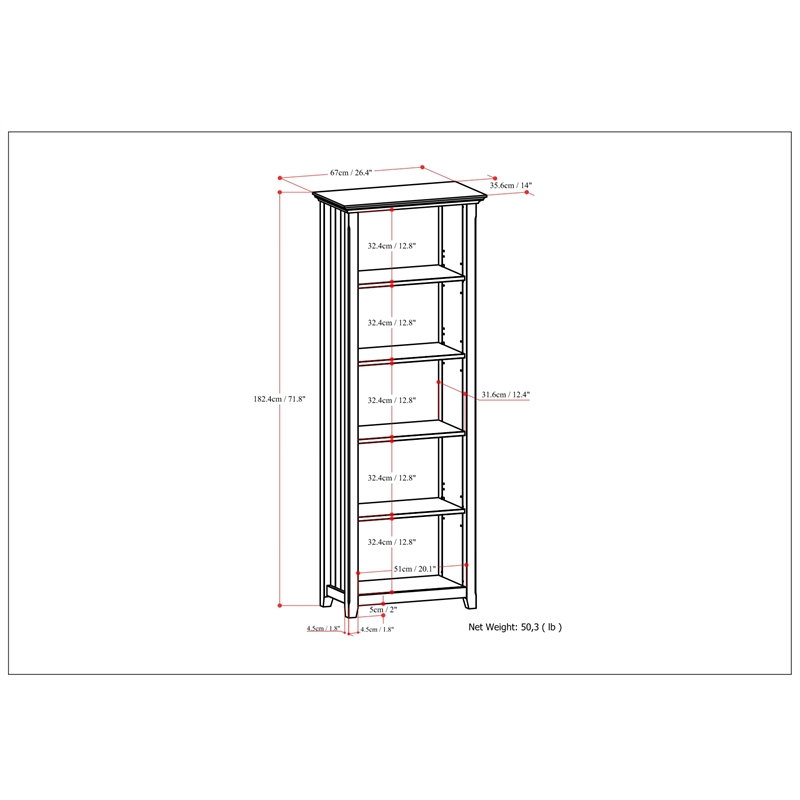 Acadian SOLID WOOD 72 inch x 26 inch Transitional 5 Shelf Bookcase in Black