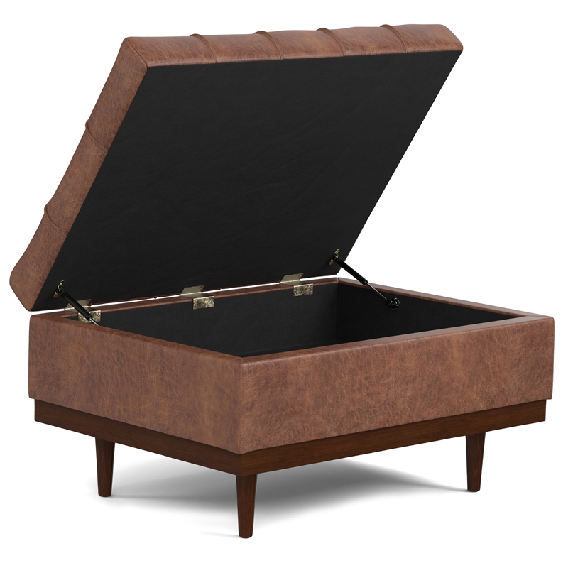 Mariah 34 inch Wide Coffee Table Storage Ottoman in Brown Vegan Faux Leather