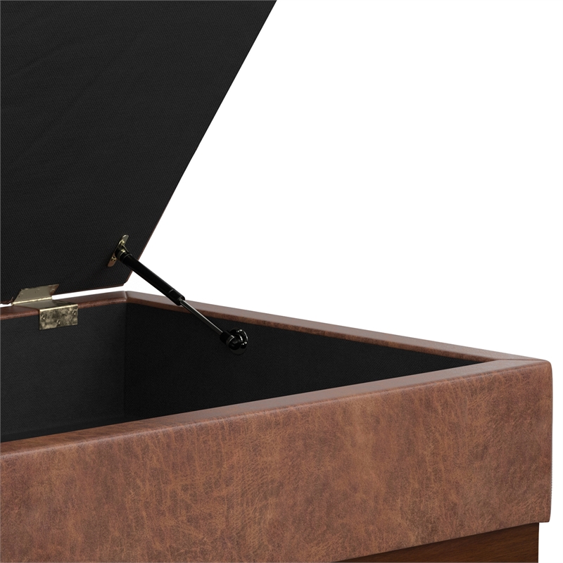 Mariah 34 inch Wide Coffee Table Storage Ottoman in Brown Vegan Faux Leather