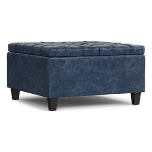 Harrison 30&quot Wide Coffee Table Storage Ottoman in Blue Vegan Faux Leather