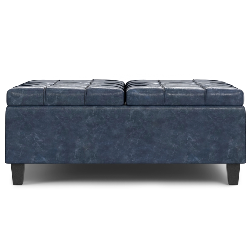 Harrison 40 inch Wide Coffee Table Storage Ottoman in Blue Vegan Faux Leather