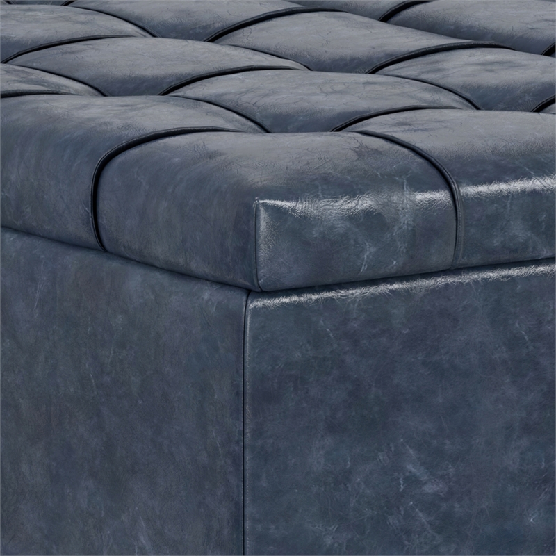 Harrison 40 inch Wide Coffee Table Storage Ottoman in Blue Vegan Faux Leather