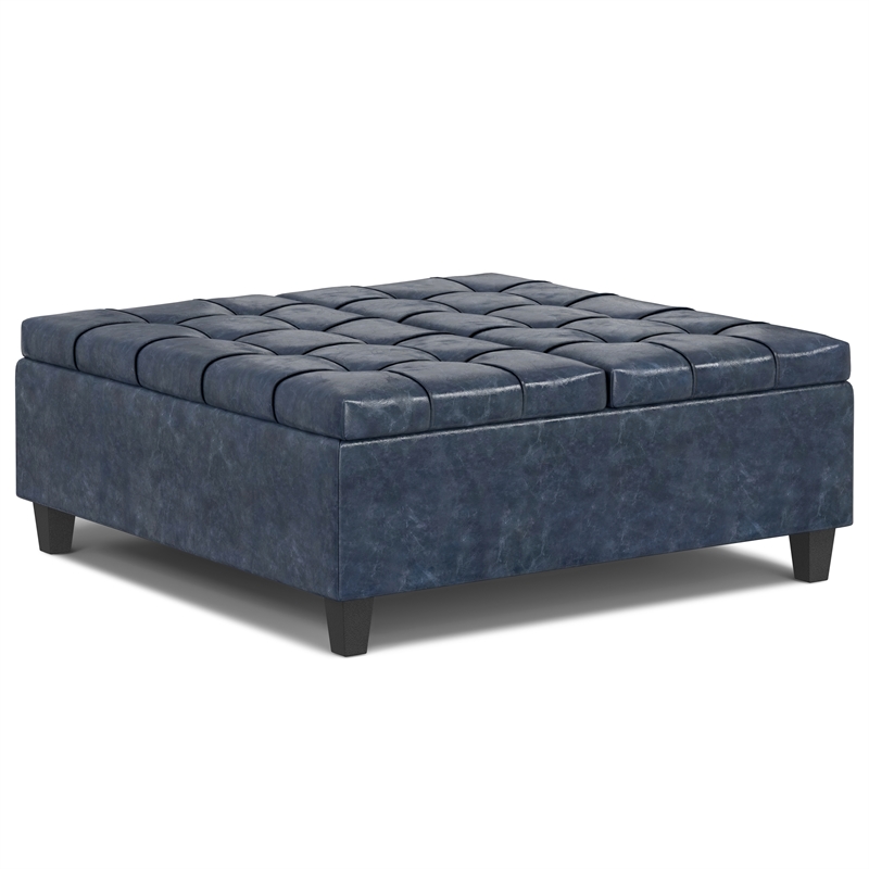 Harrison 40 inch Wide Coffee Table Storage Ottoman in Blue Vegan Faux Leather
