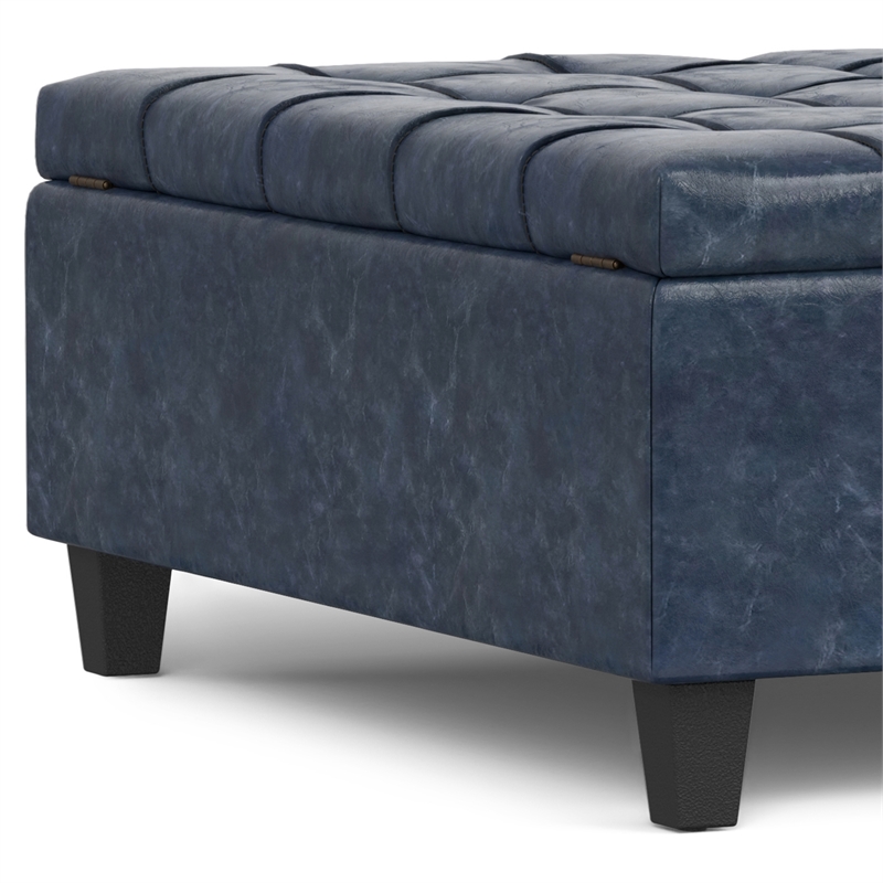 Harrison 40 inch Wide Coffee Table Storage Ottoman in Blue Vegan Faux Leather