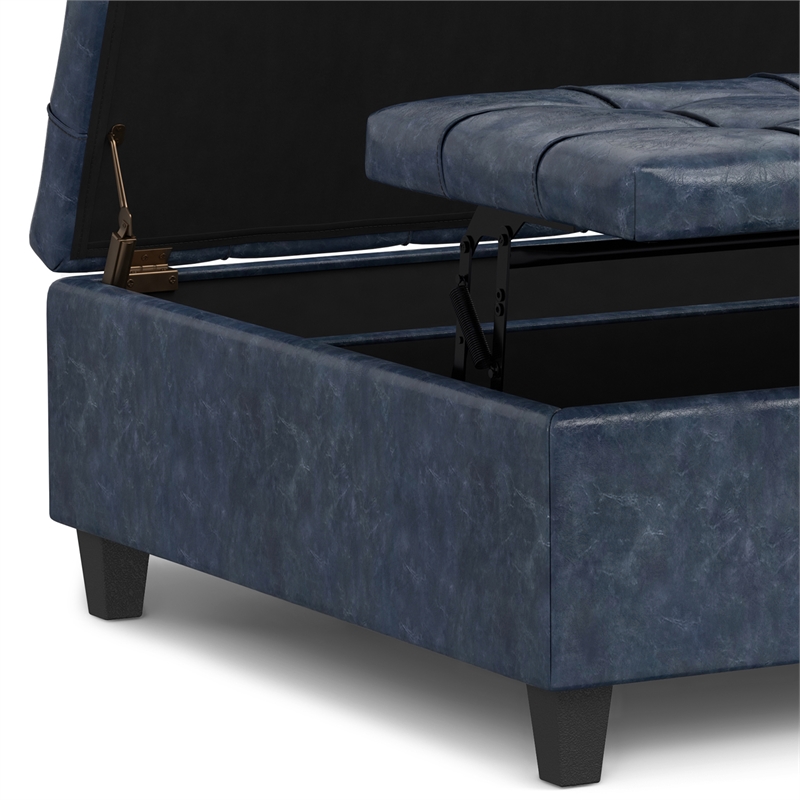 Harrison 40 inch Wide Coffee Table Storage Ottoman in Blue Vegan Faux Leather