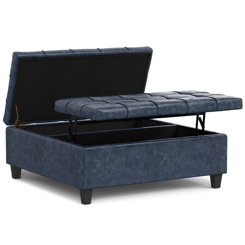 Harrison 40 inch Wide Coffee Table Storage Ottoman in Blue Vegan Faux Leather